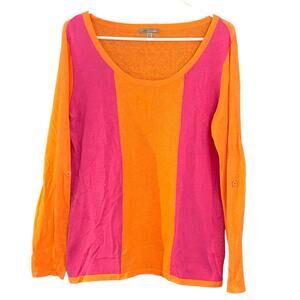 Hornytoad Colorblock Linen Sweater Women’s M Orange Pink Tab Sleeve Colorful